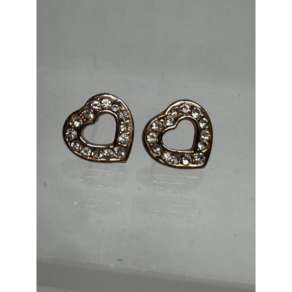 Gold Plated Rhinestone Heart Shaped Stud Earrings Womens Fashion Jewelry - Picture 4 of 4